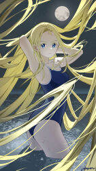 1girl absurdres ai_dongdong armpits arms_behind_head arms_up blonde_hair blue_eyes breasts highres kofune_ushio long_hair looking_at_viewer medium_breasts moon night night_sky ocean one-piece_swimsuit outdoors school_swimsuit sky solo summertime_render swimsuit very_long_hair wading