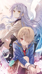 2girls angel_beats! angel_wings black_socks blue_jacket brown_jacket brown_skirt closed_mouth collared_shirt falling_feathers feathers grey_hair hair_over_one_eye half_updo hanekoto heaven_burns_red highres jacket kayamori_ruka kneehighs long_hair looking_at_viewer multiple_girls neck_ribbon necktie one_eye_covered plaid_clothes plaid_skirt pleated_skirt red_eyes red_necktie ribbon school_uniform shirt short_hair sidelocks skirt sleeve_cuffs socks tenshi_(angel_beats!) upper_body white_shirt white_wings wings yellow_eyes yellow_ribbon