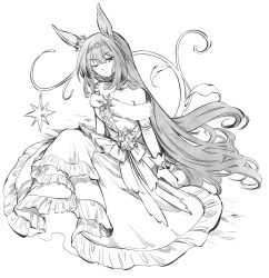 1girl admire_vega_(glacialis_vega)_(umamusume) admire_vega_(umamusume) animal_ears bare_shoulders breasts closed_mouth dress ear_ornament full_body gloves greyscale hairband highres horse_ears long_hair mame_nabe_donko monochrome off-shoulder_dress off_shoulder one_eye_closed sitting small_breasts solo umamusume very_long_hair