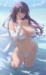 Rule 34 | 1girl, absurdres, bare shoulders, bikini, breasts, cleavage, day, free style (yohan1754), hair ornament, hair spread out, hand up, highres, huge breasts, long hair, long sleeves, mole, mole under eye, navel, off shoulder, open clothes, original, outdoors, parted lips, partially submerged, purple eyes, purple hair, side-tie bikini bottom, smile, solo, stomach, swimsuit, thighs, v, wading, water, white bikini
