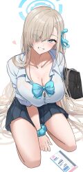 1girl absurdres asuna_(blue_archive) asuna_(school_uniform)_(blue_archive) bag blonde_hair blue_archive blue_bow blue_bowtie blue_eyes blue_halo blush bow bowtie breasts cellphone cleavage collarbone commentary grey_skirt hair_over_one_eye hair_ribbon hair_spread_out halo highres large_breasts long_hair looking_at_viewer loose_bowtie ogura_toast phone pleated_skirt ribbon school_bag scrunchie shirt sitting skirt sleeves_rolled_up smartphone smile solo thighs very_long_hair white_shirt wrist_scrunchie