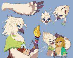 2boys :d ;i ? ?? aged_up archaic_set_(zelda) bird_boy blonde_hair blue_background blue_eyes blue_sclera blush_stickers bow_(weapon) collarbone colored_sclera english_text furry furry_male highres holding holding_bow_(weapon) holding_weapon link long_hair looking_at_another male_focus momo_(m0m0saurus) multiple_boys nintendo one_eye_closed open_mouth rito simple_background single_bare_shoulder smile the_legend_of_zelda the_legend_of_zelda:_tears_of_the_kingdom tulin_(zelda) weapon wings