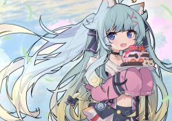 1girl :d ahoge animal_ear_fluff animal_ears aqua_hair blue_eyes blue_sky bow cake cat_ears cat_girl cat_tail choker cloud cloudy_sky cp2980606 day fang food grass hair_flaps highres indie_virtual_youtuber lanmewko long_hair long_sleeves looking_at_viewer navel open_mouth outdoors skin_fang sky sleeves_past_fingers sleeves_past_wrists smile solo stomach tail tail_bow tail_ornament very_long_hair virtual_youtuber