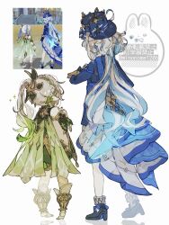 2girls absurdres black_shoes blue_hair blue_hat blue_jacket braid cape coattails commentary_request crown_braid detached_sleeves dress english_text from_behind full_body furina_(genshin_impact) game_screenshot_inset genshin_impact gold_trim green_cape green_hair green_sleeves hat height_difference highres jacket long_hair looking_at_another low_twintails minonome1206 multicolored_hair multiple_girls nahida_(genshin_impact) no_shoes ouji_fashion pointy_ears shoes short_sleeves side_ponytail simple_background sleeveless sleeveless_dress standing streaked_hair top_hat twintails twitter_username two-tone_hair very_long_hair watermark white_background white_dress white_hair