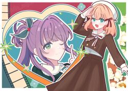 Rule 34 | 2girls, :d, ;), aqua eyes, arm up, beret, bourei (lvle aqhs), brown jacket, buttons, cerise bouquet, closed mouth, collared shirt, commentary request, cowboy shot, cropped jacket, double-breasted, dress shirt, drop shadow, film reel, food, fortune movie (love live!), frilled shirt collar, frills, green eyes, green jacket, green necktie, hair bun, hair intakes, hair ribbon, hat, heart, highres, hinoshita kaho, index finger raised, jacket, link! like! love live!, long hair, long sleeves, looking at viewer, love live!, medium hair, multiple girls, neck ribbon, necktie, official alternate costume, one eye closed, open mouth, orange hair, otomune kozue, pinstripe jacket, pinstripe pattern, pinstripe skirt, popcorn, purple hair, red ribbon, ribbon, salute, shirt, side ponytail, sidelocks, single side bun, smile, standing, striped necktie, striped ribbon, two side up, virtual youtuber, white hat, white shirt