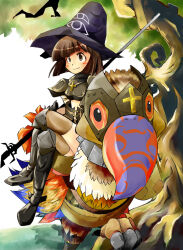 Rule 34 | 1girl, armor, armored boots, barding, bird, black hat, blush, bob cut, boots, breastplate, brown eyes, brown hair, brown skirt, brown thighhighs, closed mouth, commentary request, cross, crossed legs, eye print, full body, hat, holding, holding polearm, holding weapon, looking afar, paladin (ragnarok online), pauldrons, peco peco, polearm, print hat, ragnarok online, riding, riding bird, short hair, shoulder armor, sitting, sitting sideways, skirt, smile, solo, spear, thighhighs, tree, ushiro hayahiro, weapon, witch hat