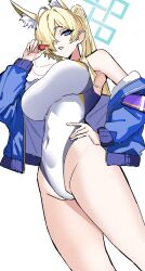absurdres animal_ear_fluff animal_ears armband blue_archive blue_halo competition_swimsuit dog_ears dog_girl extra_ears hair_over_one_eye halo highleg highleg_one-piece_swimsuit highres holding holding_whistle kanna_(blue_archive) kanna_(swimsuit)_(blue_archive) koppepan_agp official_alternate_costume one-piece_swimsuit purple_armband swimsuit whistle whistle_around_neck white_one-piece_swimsuit