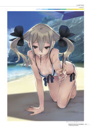 1girl all_fours barefoot beach beach_umbrella bikini black_bow blonde_hair blue_sky bow bow_bikini breasts brown_eyes cleavage cliff cloud collarbone day feet food food_in_mouth fukuda_tomonori hair_between_eyes hair_bow hair_ornament hair_ribbon highres holding holding_food holding_pocky incoming_food kneeling koujiro_frau long_hair looking_at_viewer mouth_hold ocean official_art open_mouth outdoors pocky pocky_in_mouth reaching reaching_towards_viewer ribbon robotics;notes sand seductive_smile shade sky small_breasts smile smug solo summer sweat sweatdrop swimsuit toes tree twintails umbrella water water_drop wet yellow_eyes