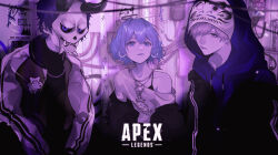 1girl 2boys absurdres apex_legends arisakaaa_(crazy_raccoon) black_horns black_jacket black_shirt blue_hoodie bra_strap cable closed_mouth collarbone commentary_request copyright_name crazy_raccoon daruma_is_god demon_horns drawstring earrings gold_necklace graffiti grey_eyes grey_hair hair_between_eyes hair_ornament hairclip highres hood hood_up hoodie hoop_earrings horns indie_utaite indoors jacket jacket_over_hoodie jacket_partially_removed jewelry letterman_jacket lipstick long_sleeves looking_at_viewer makeup mano_aaa mask multiple_boys necklace nqrse open_clothes open_jacket parallel_hairclips pink_eyes purple_eyes purple_hair purple_lips shirt short_hair single-shoulder_shirt single_bare_shoulder skull_necklace t-shirt upper_body utaite white_shirt white_sleeves wire