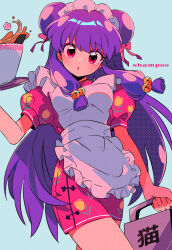 1girl bell blue_background bow bowl character_name china_dress chinese_clothes commentary dress floral_print food hair_bell hair_bow hair_ornament holding holding_tray long_hair looking_at_viewer noodles okamochi_(container) parted_lips pink_bow purple_hair ramen ranma_1/2 sanamaru_(sana79261827) shampoo_(ranma_1/2) simple_background tray
