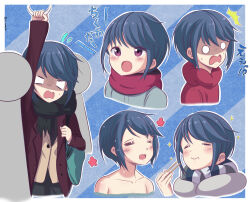 Rule 34 | 1girl, 2others, = =, ^^^, absurdres, after bathing, black scarf, black skirt, blank eyes, blue background, blue bag, blue hair, blue jacket, blue scarf, border, brown jacket, chewing, chopsticks, closed mouth, collarbone, diagonal-striped background, eating, faceless, flying sweatdrops, grey jacket, hand grip, highres, holding, holding chopsticks, holding hand grip, implied nudity, jacket, multiple others, multiple views, open mouth, purple eyes, red jacket, red scarf, scarf, school uniform, shaded face, shikinnsonn, shima rin, short hair, skirt, smile, sparkle, striped background, striped clothes, striped scarf, sweat, twitter username, vertical-striped clothes, vertical-striped scarf, wet, white border, yurucamp