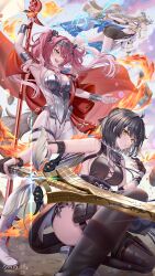 3girls antenna_hair armor black_bow black_dress black_hair blonde_hair blue_eyes bodysuit bow breastplate breasts cartethyia_(wuthering_waves) closed_mouth commentary cross-laced_clothes cross-laced_dress crown_of_thorns dress earrings elbow_pads female_rover_(wuthering_waves) hair_bow hair_ribbon hairband highres holding holding_polearm holding_sword holding_weapon jewelry large_breasts long_hair lupa_(wuthering_waves) medium_breasts metal_hairband multiple_girls multiple_hair_bows natsume_koji open_mouth pink_hair pointy_ears polearm red_sash ribbon rover_(wuthering_waves) sash sleeveless sleeveless_dress smile sword thighs twintails weapon white_bodysuit wrist_guards wuthering_waves yellow_eyes yellow_ribbon