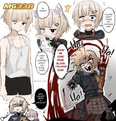 Rule 34 | 2girls, absurdres, ahoge, android, animal ears, artist name, black eyes, black gloves, black jacket, black nails, blonde hair, blood, blood on face, brown hair, cat ears, character name, commentary, embarrassed, english commentary, fingerless gloves, girls&#039; frontline, gloves, gradient background, grey background, hair ornament, hairclip, heterochromia, highres, holding, holding paper, jacket, m200 (girls&#039; frontline), mg338 (girls&#039; frontline), mole, mole under eye, multicolored jacket, multiple girls, multiple views, open mouth, paper, sharp teeth, short hair, simple background, smart oval, speech bubble, tank top, teeth, tongue, tongue out, twitter username, two-tone background, two-tone jacket, white background, white eyes, white tank top, yellow jacket