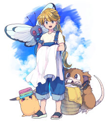 1girl :d blonde_hair blue_overalls braid braided_ponytail brown_eyes butterfree cloud commentary_request day full_body game_freak gen_1_pokemon highres holding holding_towel long_hair looking_at_viewer nintendo off_shoulder on_shoulder open_mouth overalls pants pants_rolled_up pikachu pokemon pokemon_(creature) pokemon_adventures pokemon_on_shoulder raticate sandals shirt short_sleeves sky smile towel white_shirt yellow_(pokemon) yui_ko