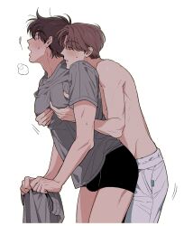2boys alternate_costume alternate_hairstyle black_male_underwear blush bulge commentary contemporary doi_hansuke grey_pants grey_shirt highres holding_pants hug hug_from_behind male_focus male_underwear multiple_boys nowhere616 pants pectoral_grab pectorals pocket puff_of_air rakudai_ninja_rantarou shirt symbol-only_commentary underwear unworn_pants white_pants yamada_rikichi yaoi