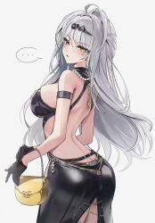... 1girl absurdres alternate_costume arm_strap ass backless_dress backless_outfit bag bare_shoulders black_dress black_gloves blush breasts chromatic_aberration commentary cowboy_shot dress from_side gloves grey_background hair_ornament handbag highres large_breasts looking_at_viewer looking_to_the_side median_furrow parted_lips shoulder_blades sideboob simple_background single_hair_intake solo spoken_ellipsis yellow_eyes yi_xuan_(zenless_zone_zero) zenless_zone_zero zije