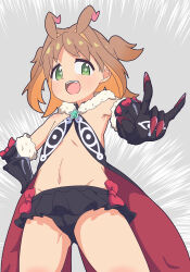 +_+ 1girl :d \m/ absurdres bare_shoulders black_panties black_skirt bow brown_hair colored_inner_hair commentary_request cosplay cowboy_shot emphasis_lines fang flat_chest fur_trim gauntlets green_eyes grey_background groin hair_intakes hand_on_own_hip highres looking_at_viewer microskirt multicolored_hair namari_siro navel oka_asahi onii-chan_wa_oshimai! open_mouth orange_hair panties pleated_skirt red_bow sekai_seifuku:_bouryaku_no_zvezda simple_background skirt smile solo star_(symbol) stomach teeth textless_version two-tone_hair two_side_up underwear upper_teeth_only venera-sama venera-sama_(cosplay)