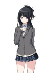 1girl arm_behind_back black_hair black_skirt blue_necktie blush cardigan closed_mouth cowboy_shot grey_cardigan hand_on_own_chest idolmaster idolmaster_shiny_colors kazano_hiori long_hair long_sleeves looking_at_viewer miniskirt necktie pleated_skirt purple_eyes school_uniform simple_background skirt solo striped_necktie striped_neckwear suien thighs v-shaped_eyebrows white_background