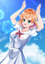 Rule 34 | 1girl, absurdres, arms up, breast pocket, breasts, collarbone, cowboy shot, crossed bangs, dress, godai koosuke, green eyes, hair ornament, hasu no sora school uniform, highres, hinoshita kaho, link! like! love live!, love live!, medium breasts, medium hair, neckerchief, non-circular lens flare, orange hair, pleated dress, pocket, puffy short sleeves, puffy sleeves, rabbit hair ornament, rabbit pose, red neckerchief, sailor collar, sailor dress, school uniform, see-through silhouette, short sleeves, solo, summer uniform, two side up, virtual youtuber, white dress, white sailor collar
