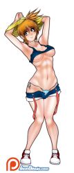 abs bikini blue_eyes blue_shorts breasts clothes_lift clothes_pull converse highres jago_dibuja large_breasts looking_at_viewer misty_(pokemon) nintendo orange_hair pokemon pokemon_(anime) pokemon_(classic_anime) pokemon_frlg ponytail red_shoes red_suspenders removed_clothing shirt shirt_lift shoes short_hair shorts shorts_pull side_ponytail striped_bikini striped_clothes suspender_shorts suspenders swimsuit underboob yellow_shirt