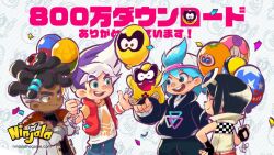 Rule 34 | 1girl, 4boys, alien, aqua hair, backwards hat, balloon, baseball cap, belt, belted jacket, black gloves, black hair, black sweater, blinking inside eyes, blue hood, blue hoodie, blue pants, blue shorts, blue sleeves, bob cut, brown pupils, brown sandals, character background, character backpack, character balloon, checkered clothes, checkered jacket, closed eyes, closed mouth, coat, collared coat, collared jacket, collared sweater, commentary request, confetti, copyright name, copyright notice, creature, crossed arms, dark-skinned male, dark skin, denim, dreadlocks, english text, eyewear on head, facial scar, fluffy hair, freckles, gloves, green eyes, green pupils, gumchi, gungho, halftone, halftone background, hand on own hip, hat, high collar, holding, holding balloon, hood, hood down, hooded shirt, hoodie, jacket, jane (ninjala), jeans, kappei (ninjala), kinky hair, light blush, logo, logo print, long shirt, long sleeves, medium hair, milestone celebration, multiple boys, ninjala, nose tape, official art, open mouth, orange hood, orange sleeves, pants, pants rolled up, polka dot, polka dot background, popped collar, print hoodie, puffy long sleeves, puffy shorts, puffy sleeves, purple hair, race queen, red belt, rianti-wong, ribbed sweater, ron (ninjala), sandals, scar, scar on cheek, scar on face, second-party source, shirt, short hair, short sleeves, shorts, shuriken, sideways mouth, sleeveless, sleeveless jacket, smile, striped wristband, sunglasses, sweater, teeth, text print, thank you, thick eyebrows, tongue, translation request, triangle print, two-sided coat, two-sided fabric, two-tone shirt, undercut, upper teeth only, van (ninjala), watermark, weapon, web address, white-framed eyewear, white background, white coat, white hair, white hat, white jacket, white shirt, white sleeve cuffs, white sleeves, wristband, yellow eyes, zouri