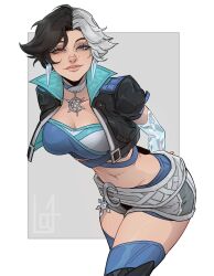 1girl black_hair black_jacket blue_eyes breasts choker crop_top earrings heterochromia highres jacket jewelry looking_at_viewer loqu1t luna_snow marvel marvel_rivals midriff multicolored_hair navel short_hair shorts smile solo split-color_hair two-tone_hair white_hair