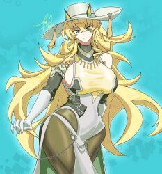 barghest_(fate) barghest_(fgo_fes._2025)_(fate) black_dress blonde_hair breasts chain collared_dress dress fate/grand_order fate_(series) gloves green_eyes hat highres horns huge_breasts long_hair pantyhose sideboob smile strapless strapless_dress sun_hat thick_thighs thighs two-tone_dress very_long_hair white_gloves white_hat wide_hips yegsmt7