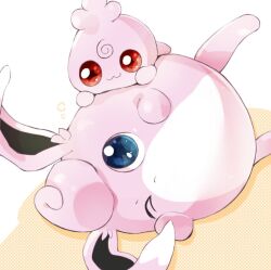 :3 asakirirokuyu blue_eyes closed_mouth commentary_request creatures_(company) game_freak gen_1_pokemon gen_2_pokemon igglybuff looking_at_viewer lying nintendo no_humans on_side one_eye_closed pokemon pokemon_(creature) polka_dot polka_dot_background red_eyes simple_background smile white_background wigglytuff yellow_background