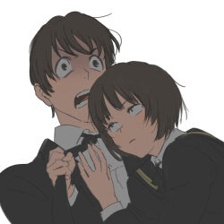 1boy 1girl amagami angry black_jacket brother_and_sister brown_hair closed_mouth clothes_grab collared_shirt commentary_request frown hand_on_another&#039;s_chest hands_up jacket kakeami long_sleeves looking_at_another necktie necktie_grab neckwear_grab open_mouth romaji_commentary sanpaku school_uniform shirt short_hair siblings simple_background strangling tachibana_jun&#039;ichi tachibana_miya tareme upper_body v-shaped_eyebrows white_background white_shirt wide-eyed