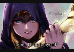 1girl avengers:_age_of_ultron avengers_(series) blonde_hair blue_eyes circlet cloak close-up commentary english_commentary english_text forehead_jewel gold_circlet highres holding holding_staff hood hooded_cloak looking_at_viewer marvel marvel_cinematic_universe meme nintendo portrait princess_zelda staff sungyeah thanos the_legend_of_zelda the_legend_of_zelda:_echoes_of_wisdom tri_rod twitter_username