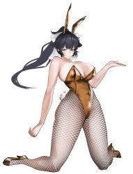 1girl absurdres alternate_costume animal_ears azur_lane bare_shoulders black_hair breasts cleavage commentary english_commentary fake_animal_ears fake_tail fishnet_pantyhose fishnets gold_leotard high_heels high_ponytail highleg highleg_leotard highres kneeling large_breasts leotard long_hair looking_at_viewer pantyhose playboy_bunny ponytail rabbit_ears rabbit_tail shoes simple_background solo strapless strapless_leotard tail takao_(azur_lane) very_long_hair weebchair white_background yellow_leotard yellow_shoes