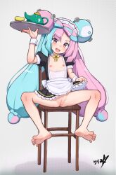 1girl :d absurdres apron arm_up barefoot black_dress boppin bow bow-shaped_hair bowtie chair character_hair_ornament clothes_lift commentary commission cup detached_collar dress dress_lift feet grey_background hair_ornament headdress highres holding holding_tray iono_(pokemon) knees lifting_own_clothes loli long_hair multicolored_hair nintendo open_mouth pokemon pokemon_sv pussy short_sleeves smile solo spread_legs teapot teeth toes tray twintails two-tone_hair upper_teeth_only waist_apron white_apron yellow_bow yellow_bowtie