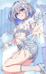 1girl absurdres amane_kanata angel angel_wings blue_eyes blue_hair blue_shorts blush breasts colored_inner_hair cropped_shirt denim denim_shorts fishnet_socks fishnets hair_ornament hairclip highres hololive looking_at_viewer midriff multicolored_hair navel outstretched_arms qussie shirt short_hair short_sleeves shorts small_breasts smile socks solo thighs tongue tongue_out virtual_youtuber white_shirt wings wrist_cuffs