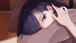 Rule 34 | 2girls, blue eyes, blue hair, blurry, blurry background, commentary, earrings, hashtag-only commentary, highres, jewelry, kyo6159, looking at viewer, miyagi shiori, multiple girls, sendai hazuki, shuuniichido classmate wo kau hanashi, tucking hair, yuri