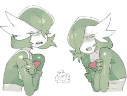 Rule 34 | bob cut, colored skin, dusknoir, gardevoir, gen 3 pokemon, gen 4 pokemon, green hair, green skin, hair over one eye, looking at viewer, multicolored skin, multiple views, nintendo, one eye closed, pokemon, pokemon (creature), sido (slipknot), sweatdrop, two-tone skin, white skin, wince