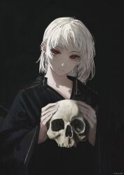 1girl black_background chainsaw_man closed_mouth ear_piercing earrings fami_(chainsaw_man) highres holding holding_skull jewelry piercing red_eyes ringed_eyes skull solo tarinne white_hair