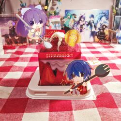 1boy 1girl blue_hair brown_eyes chibi date_a_live highres itsuka_shido long_hair n.(pl) photo_(medium) purple_eyes purple_hair ribbon short_hair yatogami_tohka