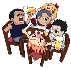 &gt;_&lt; 2girls 3boys :d alcohol beer beer_mug black_eyes blonde_hair blush_stickers bow brown_horns buzz_cut carrying chair cho_cola_star closed_eyes cookie_(touhou) cup full_body hair_bow horns ibuki_suika kimura_(coat_corp.) manatsu_no_yo_no_inmu miura_daisenpai mug multiple_boys multiple_girls nadeko_(cookie) open_mouth orange_hair piggyback red_bow red_eyes red_footwear rumia shoes short_hair simple_background sitting smile spiked_hair table touhou transparent_background very_short_hair xd yajuu_senpai yamin_(cookie)