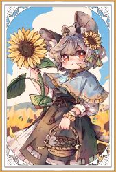 Rule 34 | 1girl, animal ears, basket, blue sky, blush, border, capelet, commentary request, day, dress, flower, grey capelet, grey dress, grey hair, hair flower, hair ornament, highres, holding, holding basket, holding flower, inset border, long sleeves, mame komari, mouse ears, mouse girl, mouse on head, mouse tail, nazrin, ornate border, outdoors, parted lips, red eyes, scrunchie, seed, short eyebrows, short hair, sky, solo, sunflower, sunflower seed, tail, thick eyebrows, touhou, wrist scrunchie