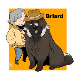 Rule 34 | 1girl, amagi happiness (umamusume), animalization, briard, brown jacket, closed mouth, commentary request, dog, flower, full body, grey hair, grey pants, hat, hat flower, jacket, long sleeves, old, old woman, onikobe rin, open mouth, orange background, pants, short hair, simple background, smile, solo, standing, two-tone background, umamusume, umamusume: star blossom, white background