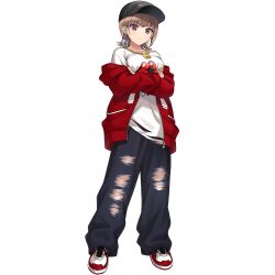 1girl arms_under_breasts baggy_clothes baggy_pants baseball_cap black_hat breasts brown_hair chain denim dolphin_wave earrings feather_earrings feathers game_cg gold_chain hat highres hood hood_down hoodie jeans jewelry kamie_tsugumi large_breasts light_frown looking_at_viewer medium_hair nail_polish non-web_source official_art ootomo_takuji pants print_shirt red_eyes red_hoodie red_nails shirt shoes single_earring single_sidelock sneakers solo torn_clothes torn_jeans torn_pants transparent_background white_shirt
