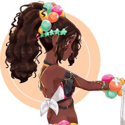 1girl back bare_shoulders black_hair breasts crop_top dark-skinned_female dark_skin fire_emblem fire_emblem_engage hair_ornament highres long_hair nintendo occultoctoling ponytail red_eyes small_breasts solo timerra_(fire_emblem) upper_body wavy_hair