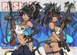 1girl :d animal_ear_piercing animal_ears armlet artist_name ass bare_shoulders black_gloves black_hair black_panties blonde_hair blue_eyes blush breasts butt_crack character_request commentary_request commission cowboy_shot crop_top cross-laced_pants crotch_seam dark-skinned_female dark_skin dimples_of_venus dog_tags earrings elbow_gloves english_text eyeliner fang fingerless_gloves fingernails gloves gun hair_intakes hair_ornament hairclip hand_up handgun highres holding holding_gun holding_weapon jewelry licking_lips long_hair lower_teeth_only makeup medium_breasts mouse_ears mouse_tail multicolored_hair multiple_views nail_polish nancou_(nankou) navel open_mouth original panties ponytail red_eyeliner see-through_clothes see-through_shirt shirt sidelocks single_elbow_glove skin_fang smile streaked_hair submachine_gun tail teeth tongue tongue_out underwear visor_cap weapon white_shirt yellow_nails