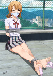 1girl absurdres arms_behind_back barefoot bdsm blush body_blush bondage bound bound_ankles breast_bondage breasts brown_eyes brown_hair cloth_gag collarbone gag gagged hair_between_eyes highres improvised_gag isshiki_iroha legs long_legs looking_at_viewer miniskirt open_collar over_the_nose_gag ribbon school_uniform shadow_xcp skirt tape tickling toenails toes yahari_ore_no_seishun_lovecome_wa_machigatteiru.