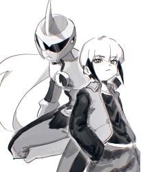 2boys armor bodysuit cowboy_shot eugene_chaud_(mega_man) greyscale hand_in_pocket helmet highres long_hair male_focus mega_man_(series) mega_man_battle_network_(series) monochrome multiple_boys netnavi noro_zt protoman.exe shirt short_hair simple_background vest white_background