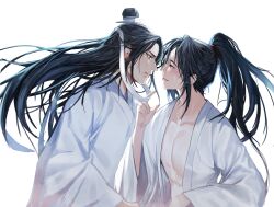 Rule 34 | 2boys, absurdres, alternate costume, bathrobe, bishounen, black eyes, black hair, blush, chinese clothes, closed mouth, collarbone, eye contact, face-to-face, floating hair, from side, hair ribbon, hanfu, high ponytail, highres, holding, holding ribbon, jujeop, korean commentary, lan wangji, long hair, long sleeves, looking at another, male focus, modao zushi, multiple boys, open clothes, open robe, pectoral cleavage, pectorals, ponytail, profile, ribbon, robe, simple background, sweat, topknot, upper body, wei wuxian, white background, white ribbon, white robe, wide sleeves, xiao guan (headdress), yaoi