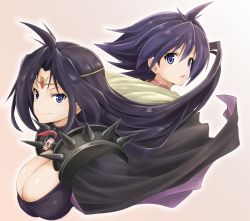 Rule 34 | 2girls, ahoge, amelia wil tesla seyruun, armor, asahi (fullmetal madness), black cape, blue eyes, breasts, cape, circlet, cleavage, jewelry, large breasts, long hair, looking at viewer, multicolored cape, multiple girls, naga the serpent, open mouth, purple cape, purple hair, short hair, shoulder spikes, skull, slayers, smile, spikes, two-sided cape, two-sided fabric