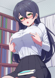 1girl black_hair black_skirt blush book book_on_lap bookshelf breasts collared_shirt commentary_request cowboy_shot curtains double-parted_bangs dress_shirt fingernails glasses green_eyes hair_between_eyes half-closed_eyes hands_up highres huge_breasts indoors long_bangs long_hair long_sleeves nose_blush open_mouth original pleated_skirt raised_inner_eyebrows red-framed_eyewear sakamata_(sakamata4) school_uniform semi-rimless_eyewear shirt skirt solo straight_hair under-rim_eyewear variant_set white_shirt
