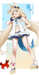 1girl absurdres ahoge animal_ears blonde_hair blue_hair blue_nails blush breasts cat_ears commentary dress fang fins fish fish_girl fish_tail hand_on_own_hip highres indie_virtual_youtuber long_hair looking_at_viewer low_twintails multicolored_hair nail_polish open_mouth sameko_saba shiro_iroror short_shorts shorts skin_fang sleeveless sleeveless_dress small_breasts smile solo streaked_hair tail twintails very_long_hair virtual_youtuber white_dress white_shorts