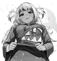 1girl aelion_draws aged_up blush breasts closed_mouth clothes_lift commentary english_commentary fang fang_out fins fish_tail from_below gawr_gura gawr_gura_(1st_costume) greyscale heart highres hololive hololive_english hood hoodie hoodie_lift long_sleeves looking_at_viewer medium_hair monochrome multicolored_hair shark_girl shark_tail simple_background smile solo streaked_hair suggestive_fluid tail two_side_up virtual_youtuber